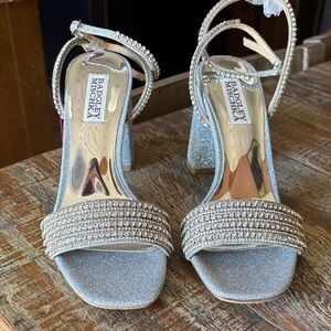 Badgley Mischka Silver Crystal-Strap Block Heel Sandals